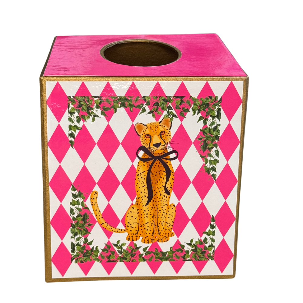 Paper Mache Kleenex Box with leopard w/ blk bow and flowers-Blue Hand Home