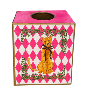 Paper Mache Kleenex Box with leopard w/ blk bow and flowers-Blue Hand Home