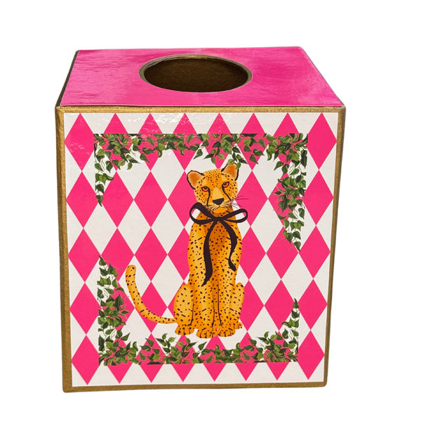 Paper Mache Kleenex Box with leopard w/ blk bow and flowers-Blue Hand Home