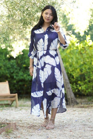 Reine Shirt Dress- Navy Leaves-Blue Hand Home