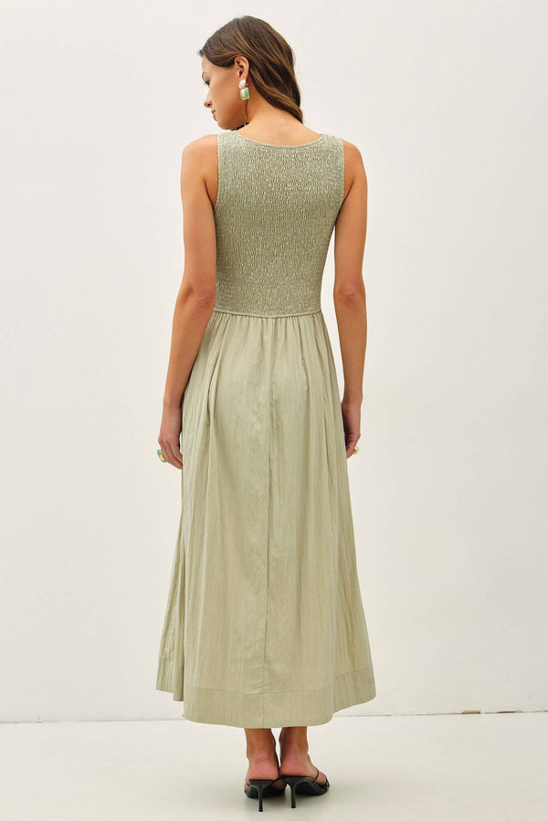 Smocked Bodice Boatneck Tank Midi Dress-Blue Hand Home