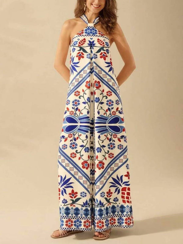 Vacation Palm Tree Tropical Prints Halter Jumpsuit-Blue Hand Home