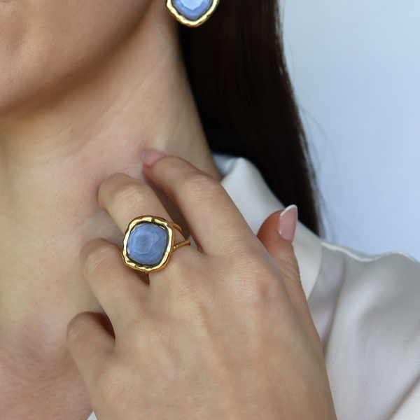 Bezel Iridescent Glass Ring  - 24K Gold Plated