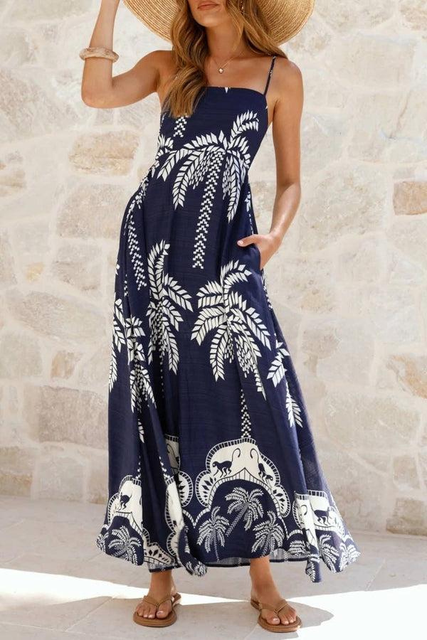 Tropical vacation palm print A-line strappy maxi dress-Blue Hand Home