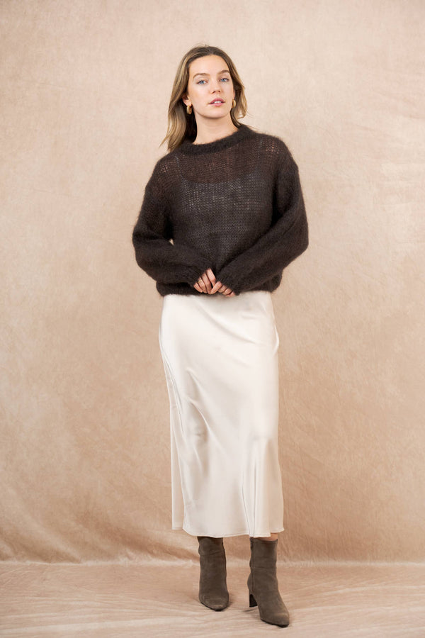 Round neck long sleeve sweater in 80% kid mohair: Kaki / One size-Blue Hand Home