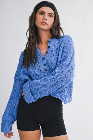 3463hk Textured Cropped Henley Knit Sweater