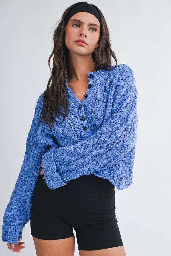 3463hk Textured Cropped Henley Knit Sweater