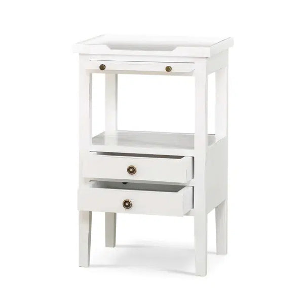 Eton 2 Drawer Side Table w/ Pull Out Shelf in Architectural White-Blue Hand Home