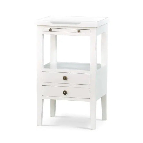 Eton 2 Drawer Side Table w/ Pull Out Shelf in Architectural White-Blue Hand Home