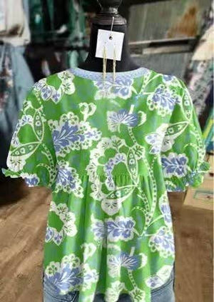Makalia Floral Print Women Blouse Summer Top-Blue Hand Home