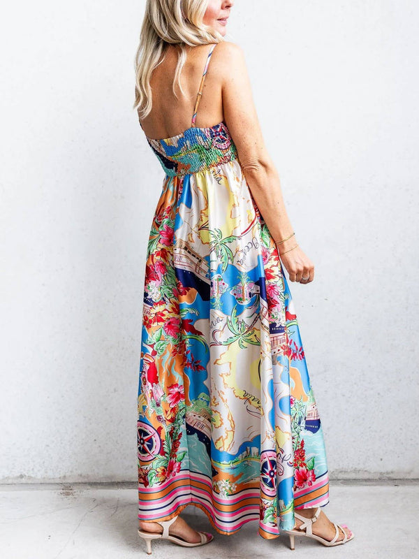 Resort High-Waisted Printed Large Swing Slip Dress-Blue Hand Home