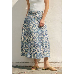 Summer In Capri Buckled A Line Midi Skirt-Blue Hand Home