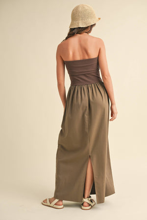 D3442 LINEN WITH RIBBED KNITTED TOP COMBO DRESS-Blue Hand Home