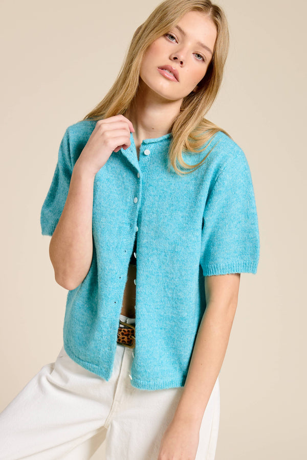 Short Sleeve Button Down Cardigan Top-Blue Hand Home