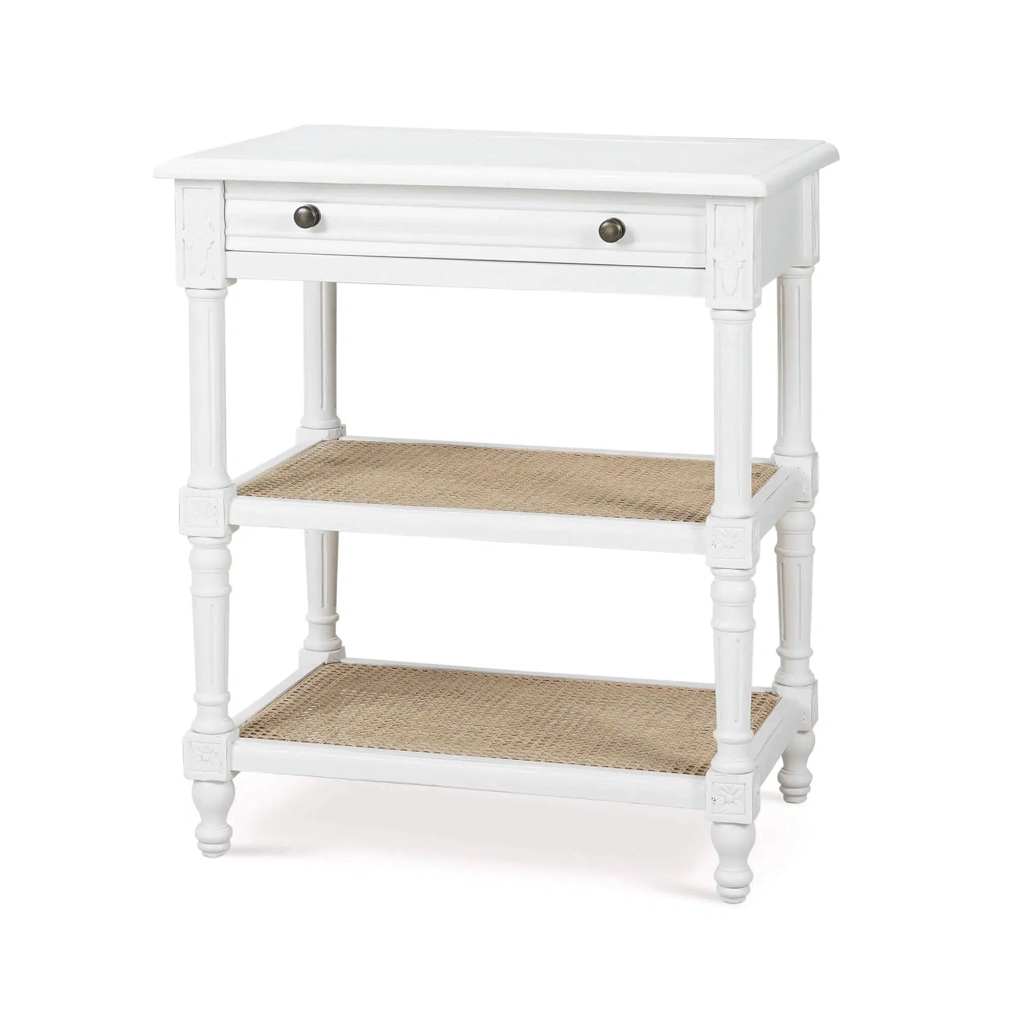Melissa Side Table In Architectural White w/ Rattan Natural on Shelves-Blue Hand Home
