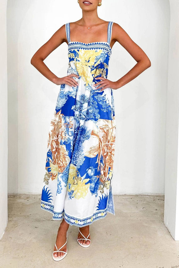 Chrysanthemum Floral Toile sleeveless flare swing dress-Blue Hand Home
