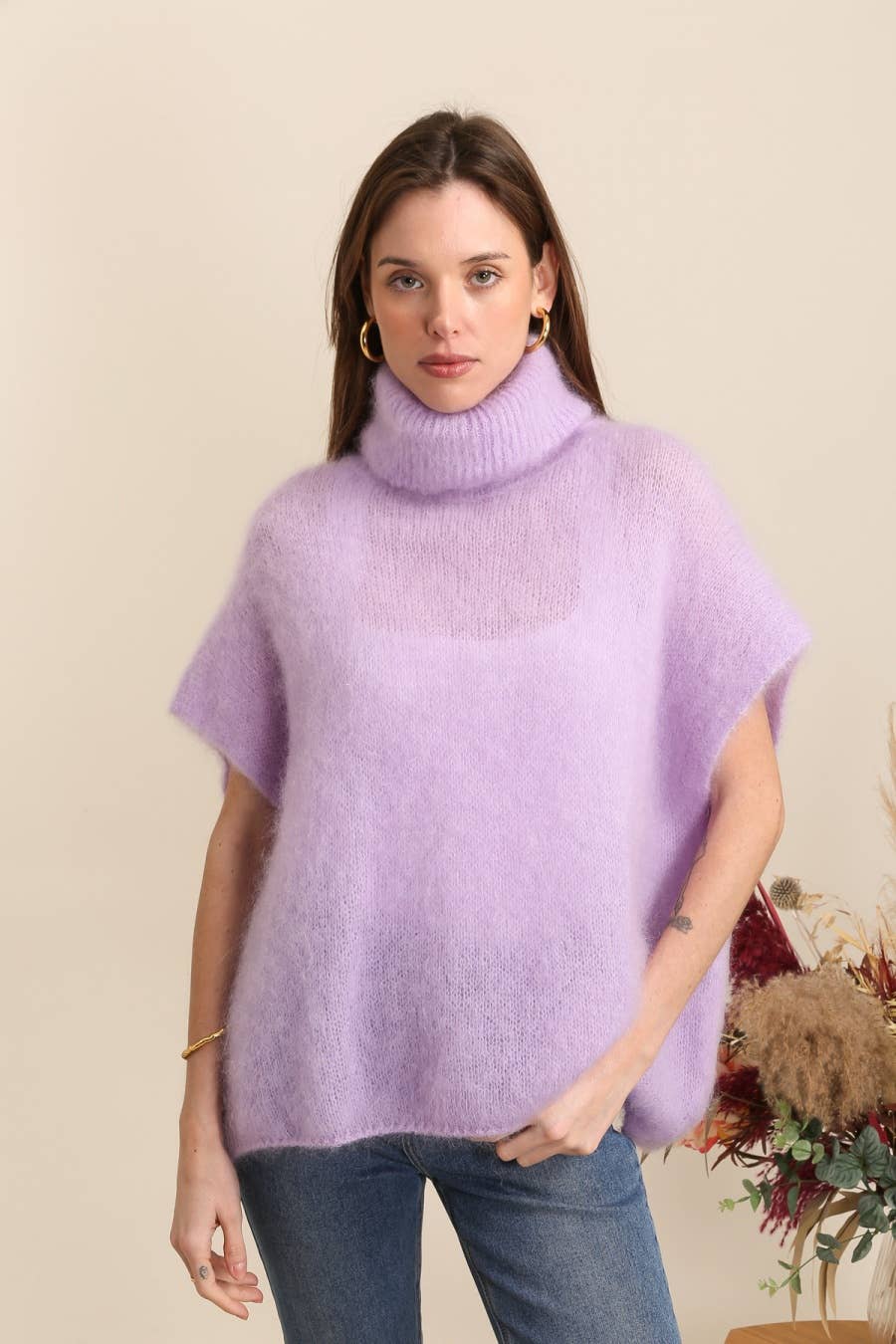 80% Kid Mohair Turtleneck Poncho Sweater: Ecru / One Size-Blue Hand Home