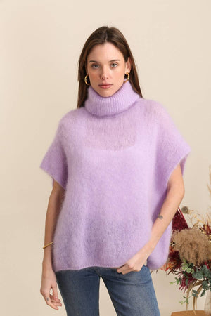 80% Kid Mohair Turtleneck Poncho Sweater: Ecru / One Size-Blue Hand Home