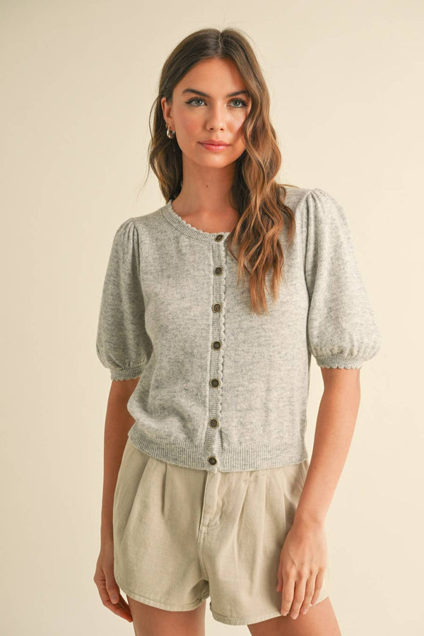 J5056 PUFF SHORT SLEEVE BUTTON DOWN KNIT CARDIGAN-Blue Hand Home