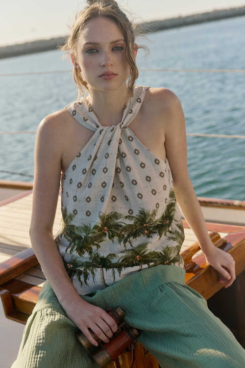 Boho Tropical Printed Halter Neck Top-Blue Hand Home
