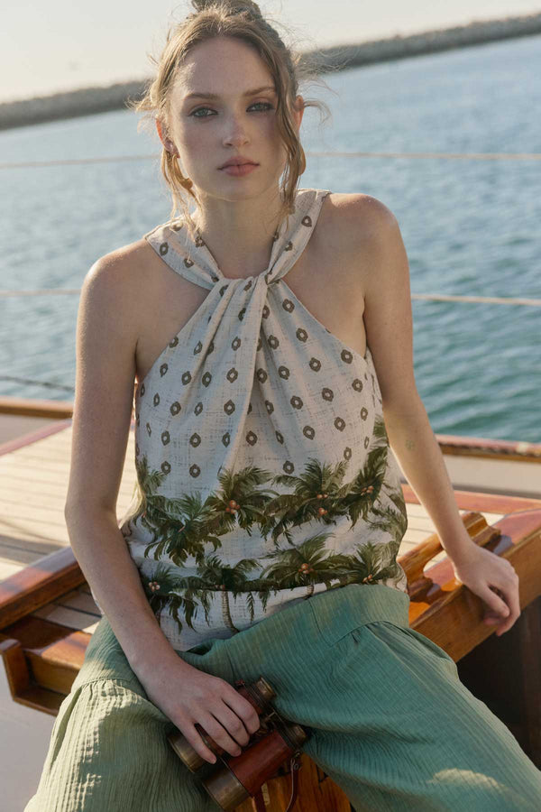Boho Tropical Printed Halter Neck Top-Blue Hand Home