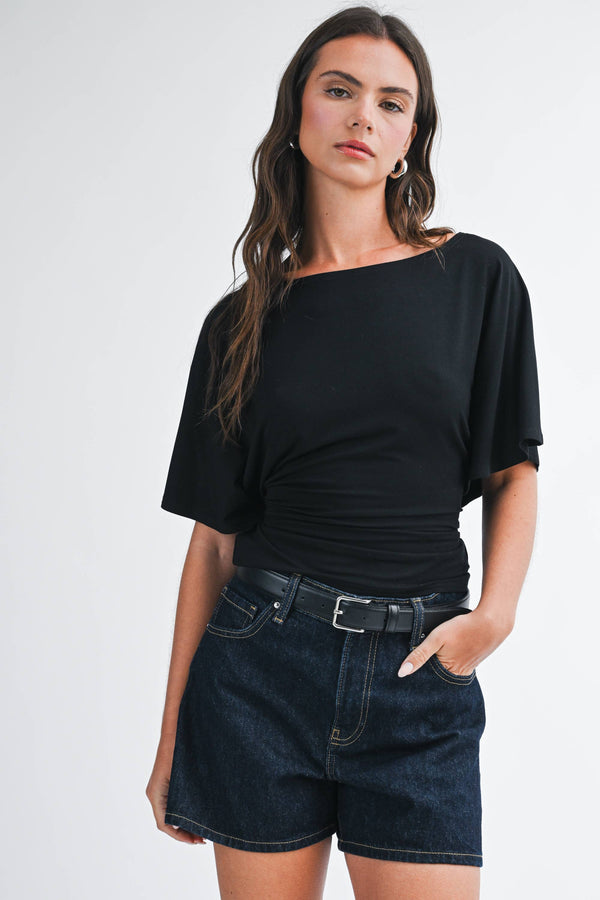 8654hk Draped Short Sleeve Back Tie Top Tee