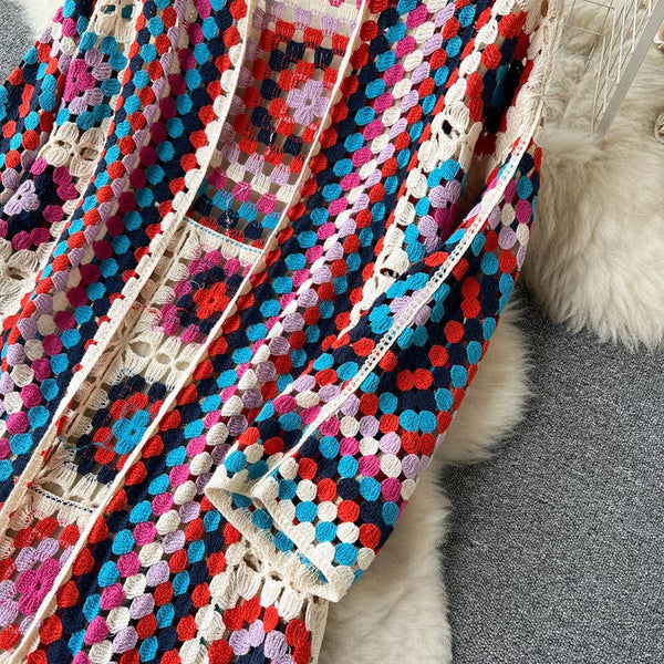 BOHO Color Blocks Crochet Cardigan long maxi cover-up-Blue Hand Home