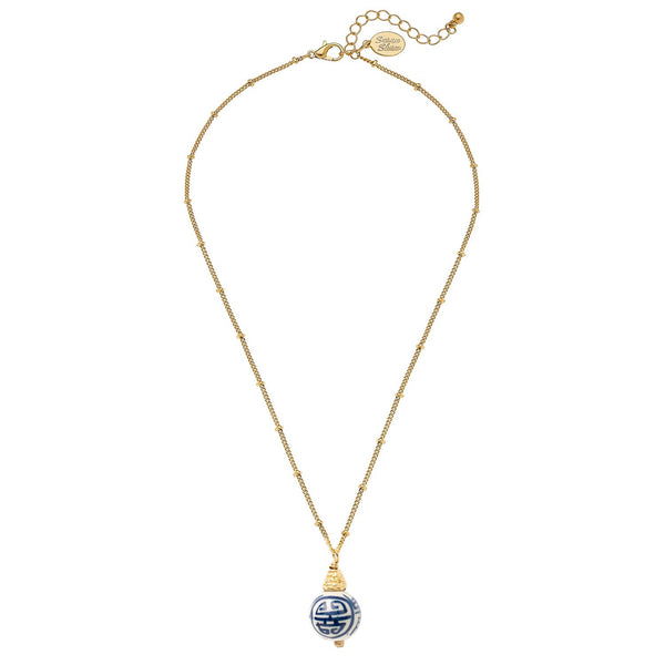 Blue & White Porcelain Bead on Dotted Gold Chain Necklace