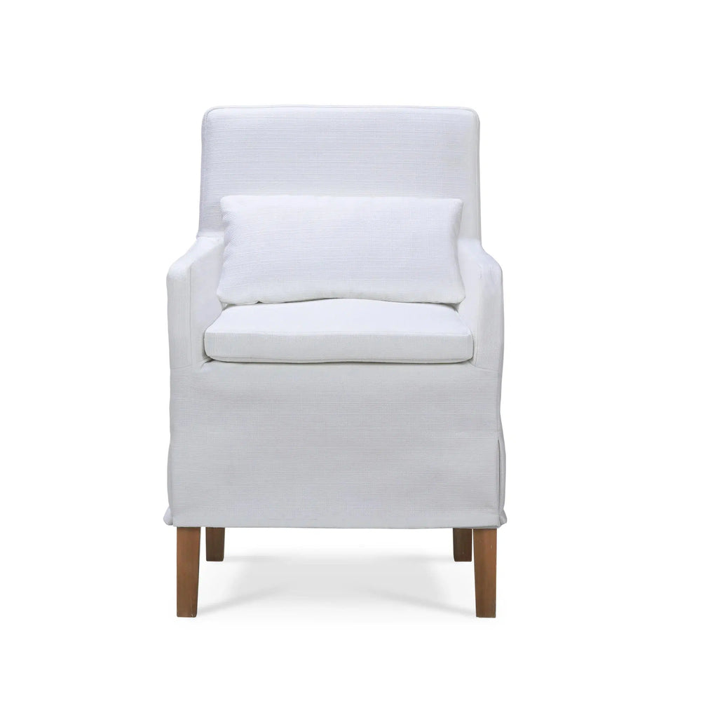 Bilboa Slipcovered Arm Dining Chair In Straw Wash w/ Arctic White Performance Fabric-Blue Hand Home