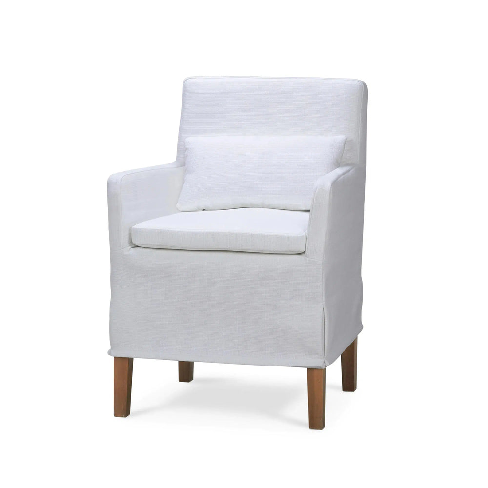 Bilboa Slipcovered Arm Dining Chair In Straw Wash w/ Arctic White Performance Fabric-Blue Hand Home