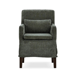 Bilboa Slipcovered Arm Dining Chair in Walnut w/ Thames Moss Green Performance Fabric-Blue Hand Home