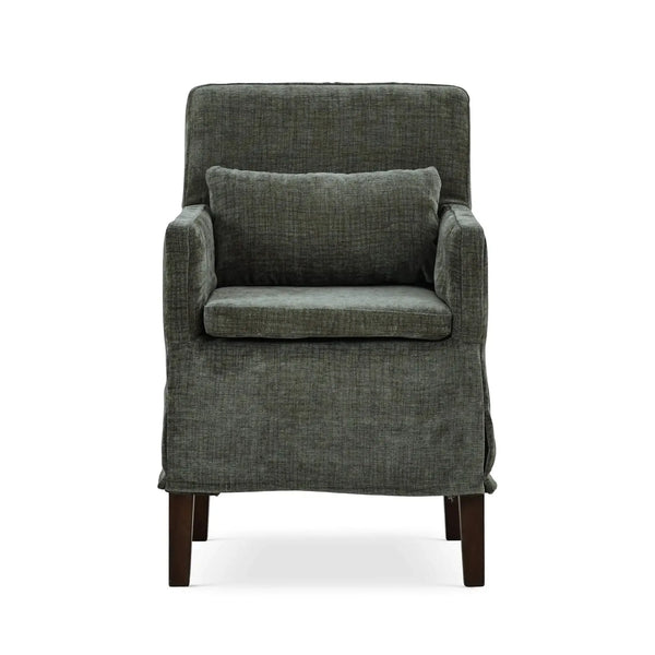 Bilboa Slipcovered Arm Dining Chair in Walnut w/ Thames Moss Green Performance Fabric-Blue Hand Home