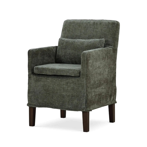 Bilboa Slipcovered Arm Dining Chair in Walnut w/ Thames Moss Green Performance Fabric-Blue Hand Home