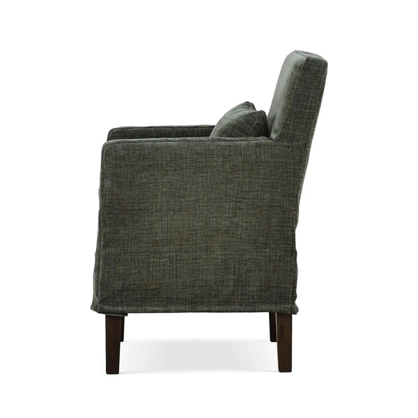 Bilboa Slipcovered Arm Dining Chair in Walnut w/ Thames Moss Green Performance Fabric-Blue Hand Home