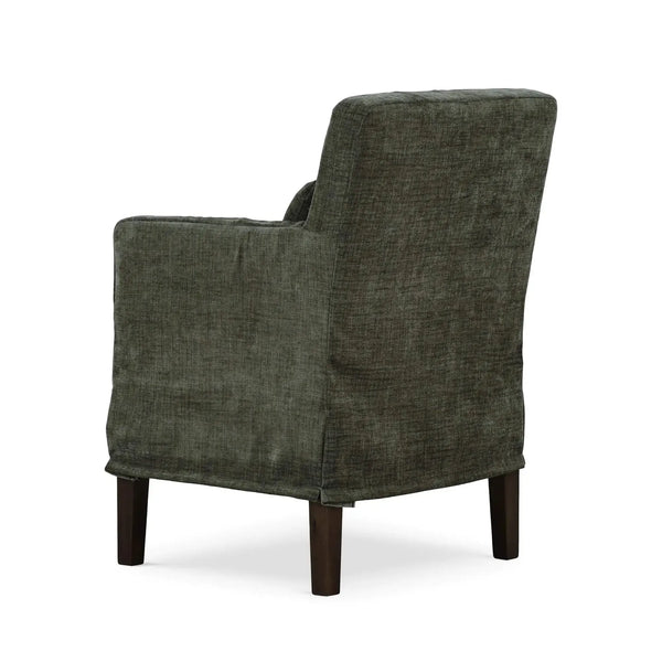 Bilboa Slipcovered Arm Dining Chair in Walnut w/ Thames Moss Green Performance Fabric-Blue Hand Home