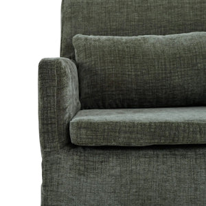 Bilboa Slipcovered Arm Dining Chair in Walnut w/ Thames Moss Green Performance Fabric-Blue Hand Home