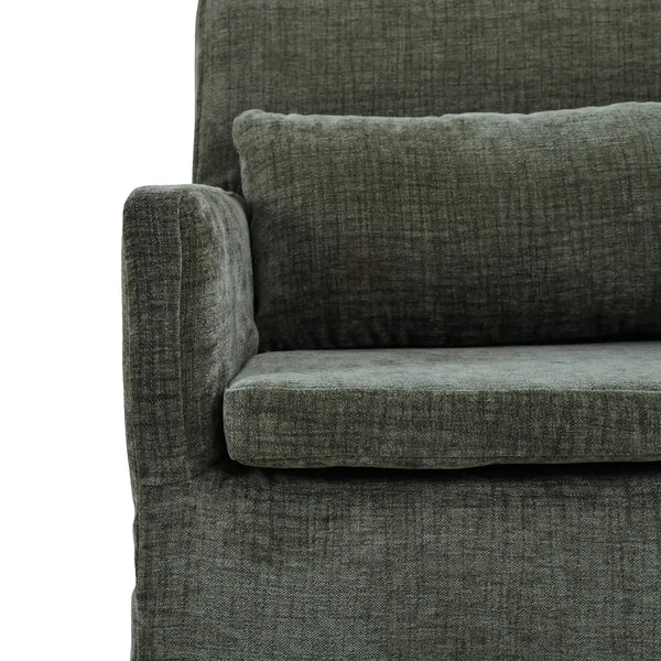 Bilboa Slipcovered Arm Dining Chair in Walnut w/ Thames Moss Green Performance Fabric-Blue Hand Home