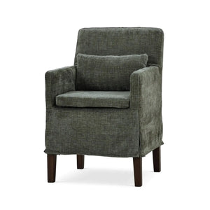 Bilboa Slipcovered Arm Dining Chair in Walnut w/ Thames Moss Green Performance Fabric-Blue Hand Home