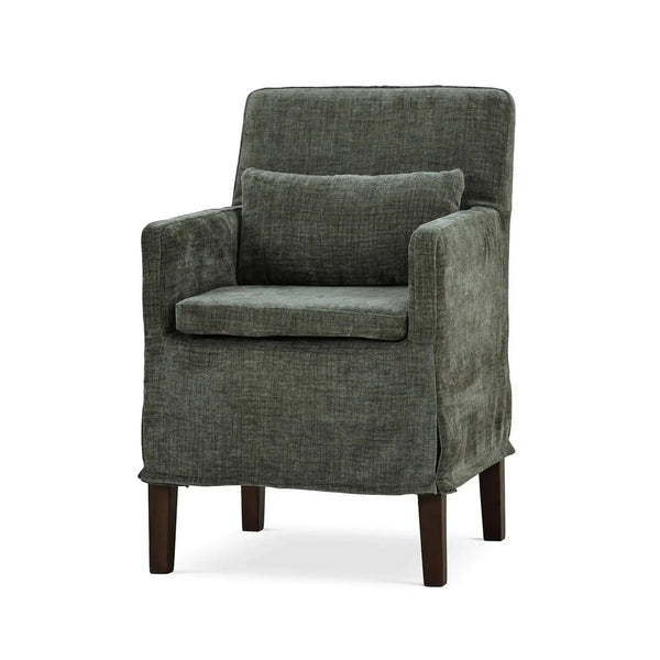 Bilboa Slipcovered Arm Dining Chair in Walnut w/ Thames Moss Green Performance Fabric-Blue Hand Home