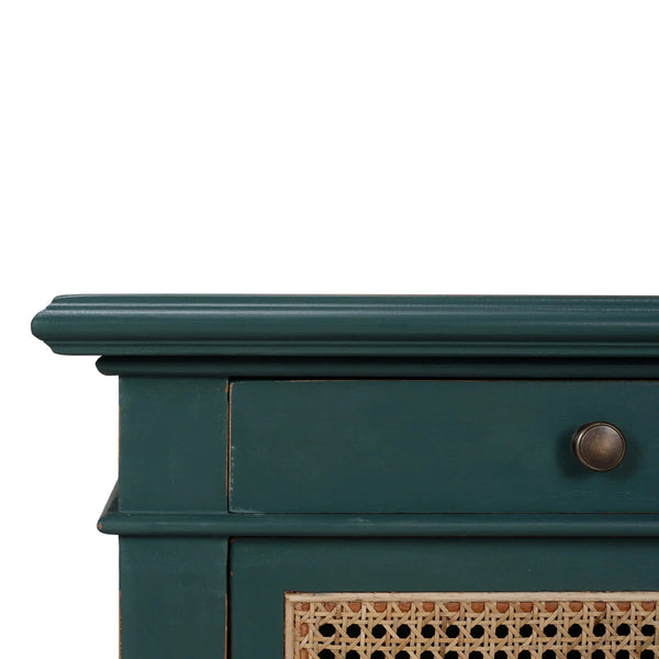 Montego Square End Table w/ Drawer & Rattan Door-Blue Hand Home