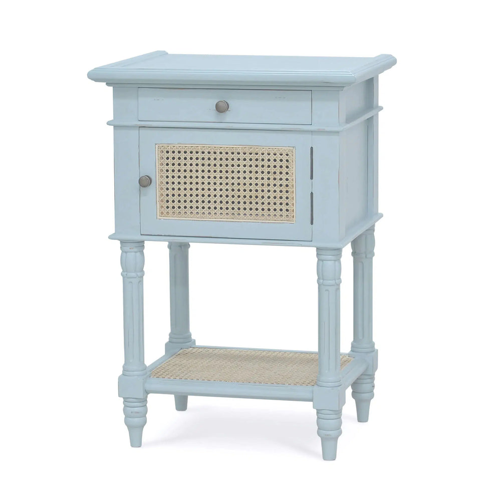 Montego Square End Table In Ocean Blue w/ Drawer & Rattan Natural Door-Blue Hand Home