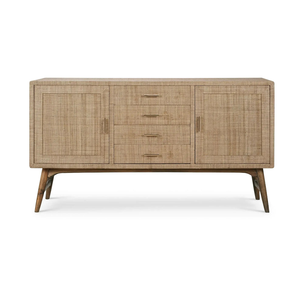 Pierre Mid Century Buffet In Raw Raffia & Straw Wash-Blue Hand Home