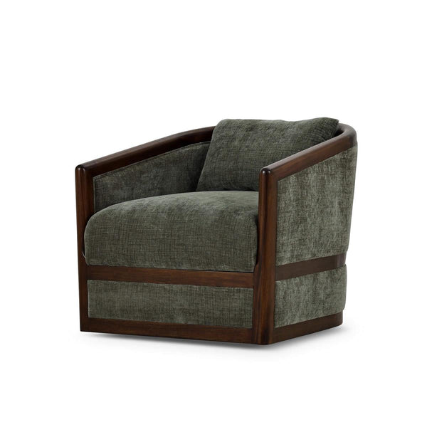 Aden Swivel Chair w/ Mahogany Frame in Matt Teak Brown w/ Thames Moss Green Performance Fabric-Blue Hand Home