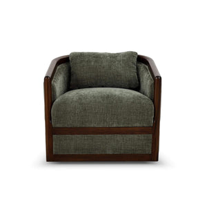 Aden Swivel Chair w/ Mahogany Frame in Matt Teak Brown w/ Thames Moss Green Performance Fabric-Blue Hand Home