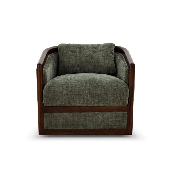 Aden Swivel Chair w/ Mahogany Frame in Matt Teak Brown w/ Thames Moss Green Performance Fabric-Blue Hand Home