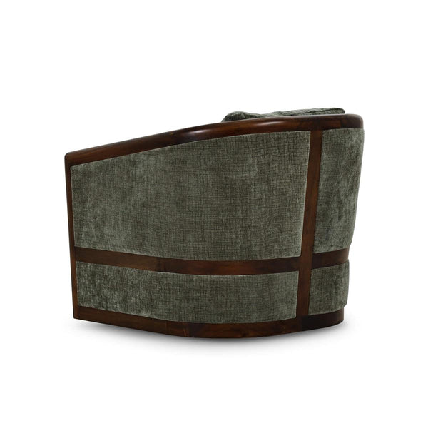 Aden Swivel Chair w/ Mahogany Frame in Matt Teak Brown w/ Thames Moss Green Performance Fabric-Blue Hand Home