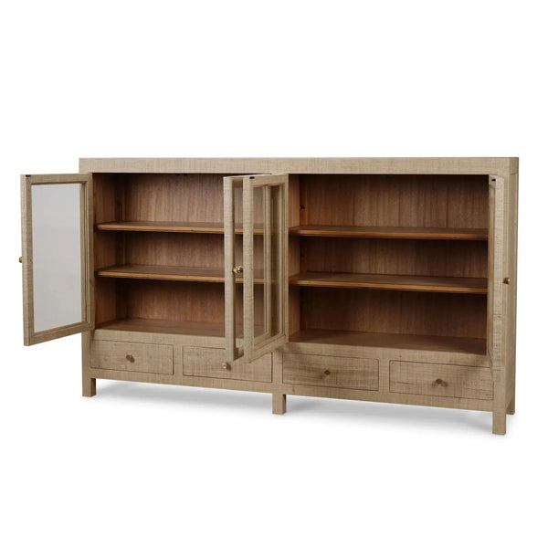 Kagu 4 Door Low Cabinet W/ Raffia-Blue Hand Home
