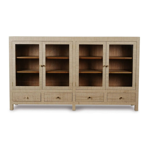 Kagu 4 Door Low Cabinet W/ Raffia-Blue Hand Home