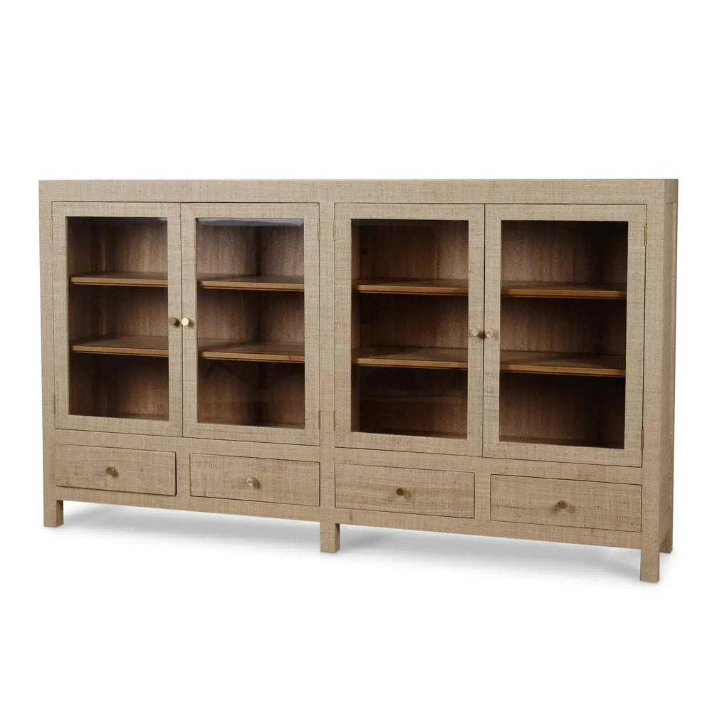 Kagu 4 Door Low Cabinet W/ Raffia-Blue Hand Home