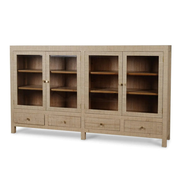 Kagu 4 Door Low Cabinet W/ Raffia-Blue Hand Home